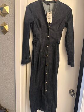 Zara Dark Denim Long-Sleeve Maxi Dress